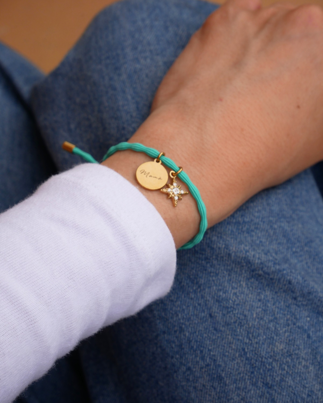 Pulseras estrellita con circonitas y chapita personalizable azul