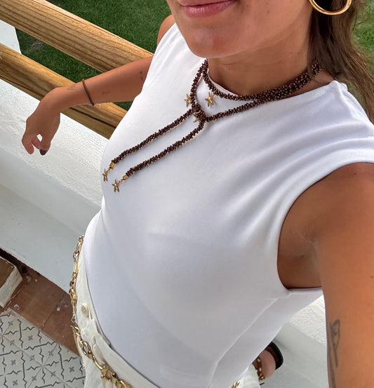 COLLAR VETTA MARRÓN (cordón ganchillo con rocalla)