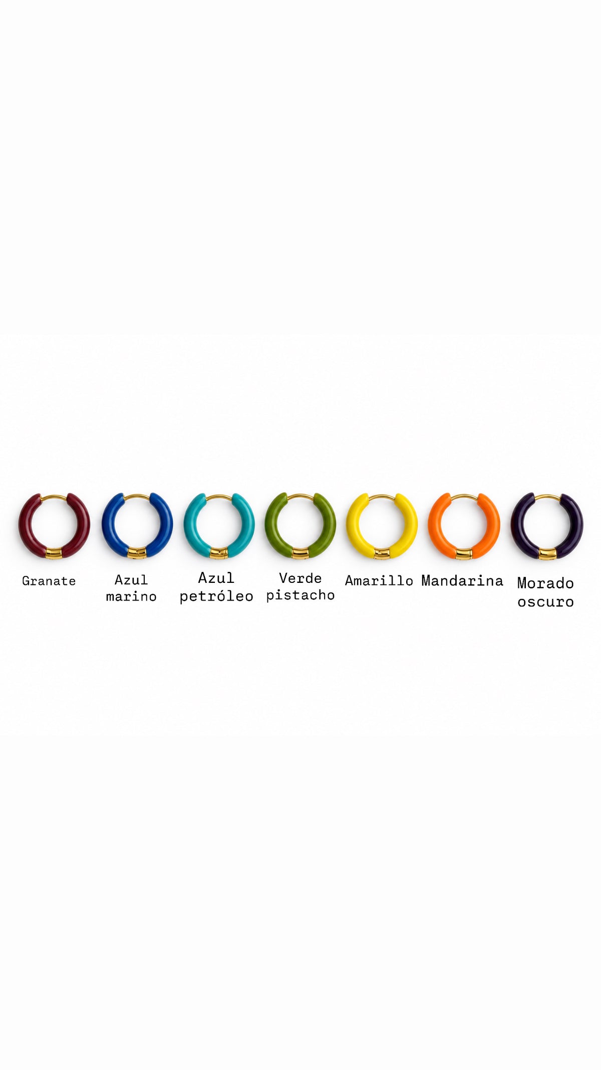 Aros esmaltados Autumn de 2 cm en siete colores: granate, azul marino, azul petróleo, verde pistacho, amarillo, mandarina y morado oscuro — Ayutthaya&me