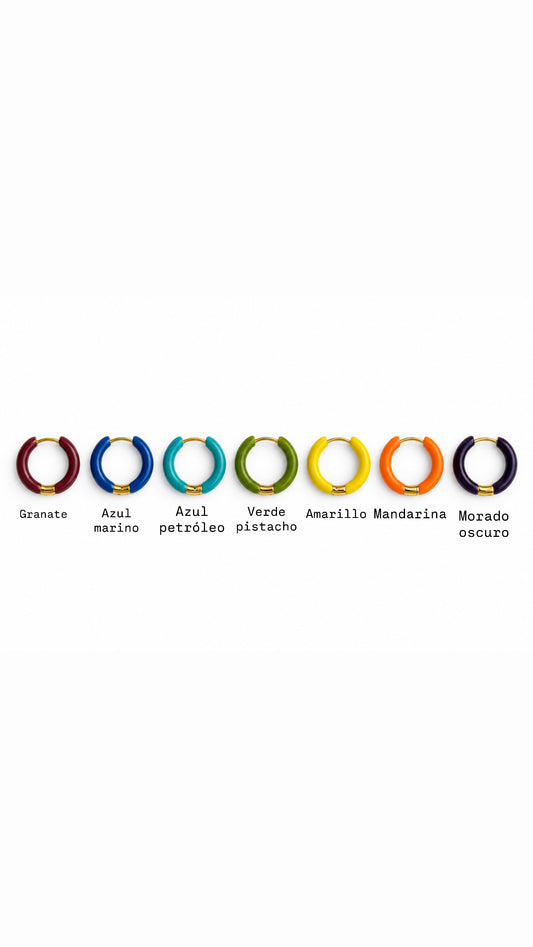 Aros esmaltados Autumn de 2 cm en siete colores: granate, azul marino, azul petróleo, verde pistacho, amarillo, mandarina y morado oscuro — Ayutthaya&me