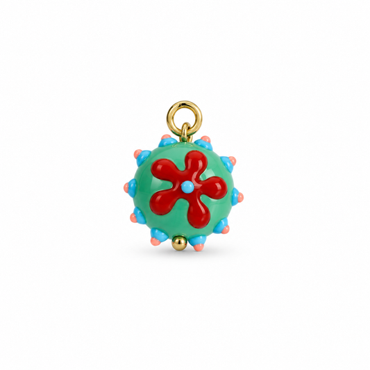 Charm flor de cristal de Murano verde con flor roja — Ayutthaya&me