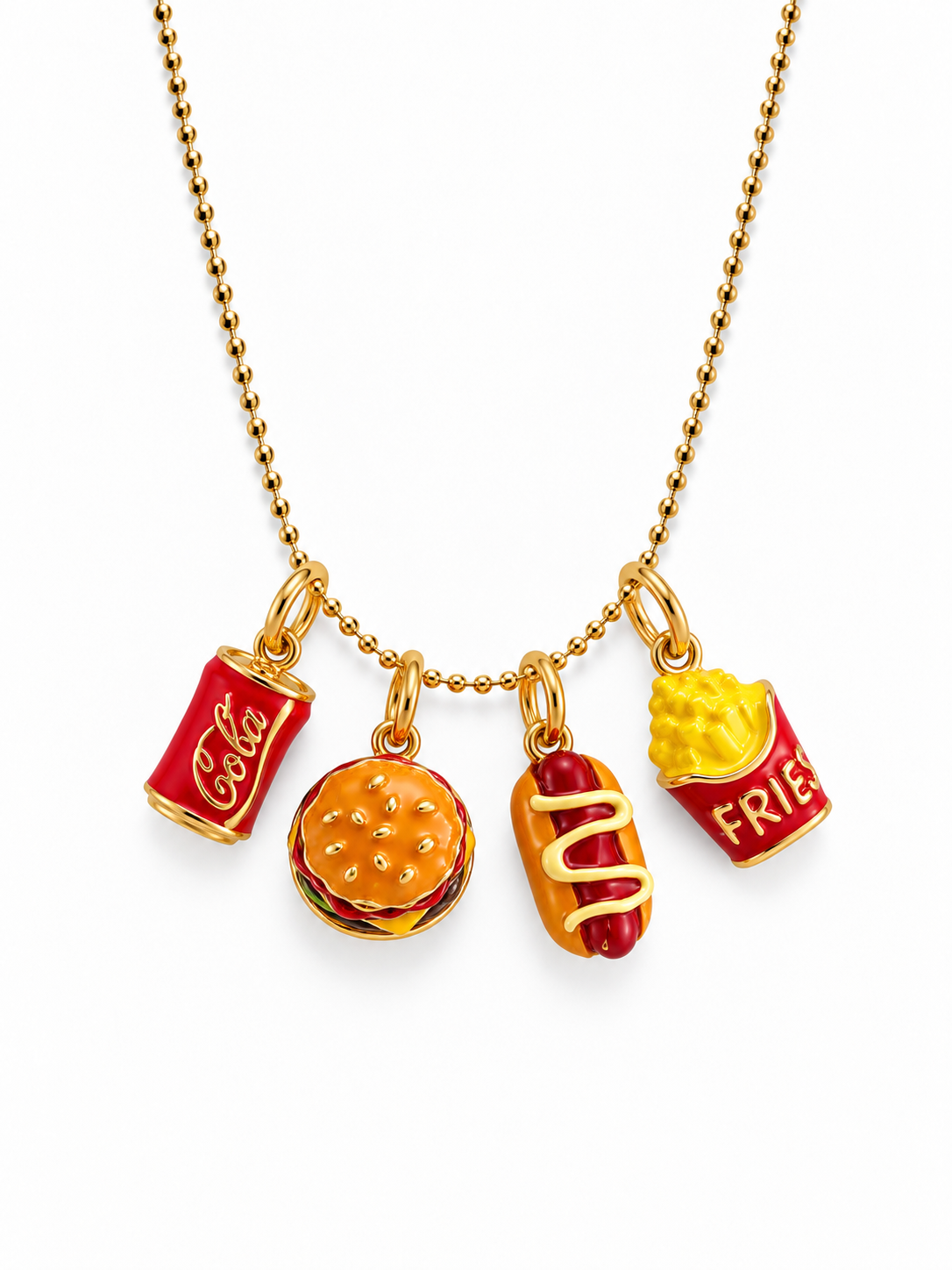 Ball chain dorada con charms de refresco, hamburguesa, hot dog y patatas fritas — Ayutthaya&me