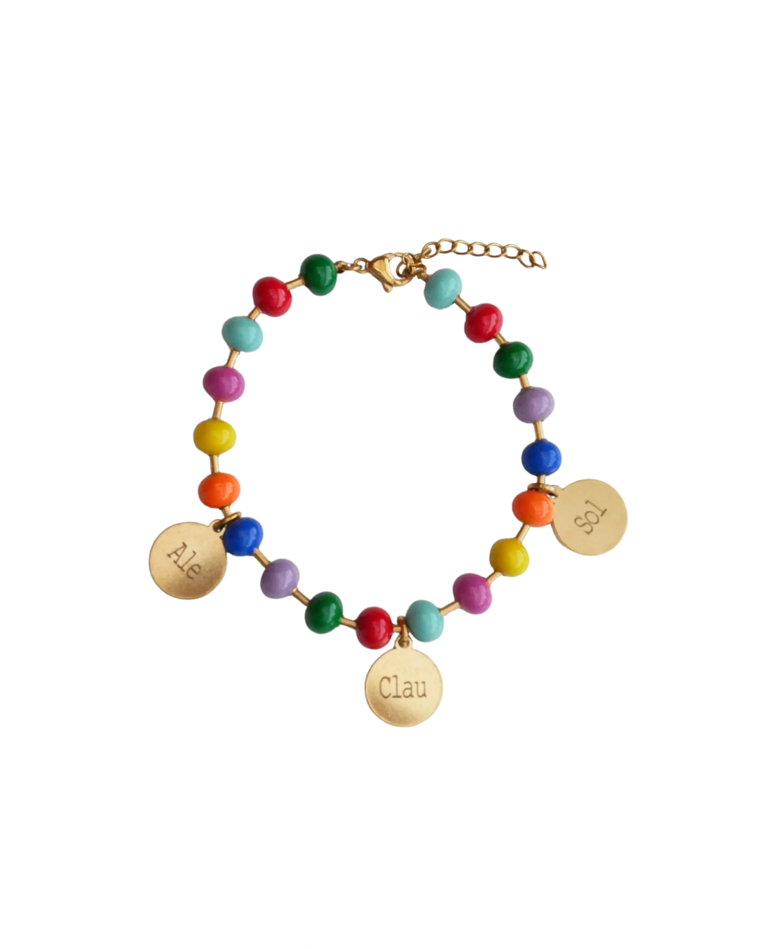 Pulsera de bolas multicolor con chapitas personalizables grabadas