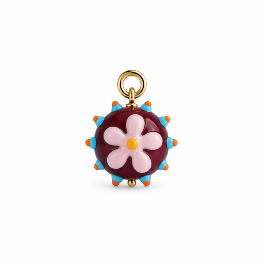 Charm flor de cristal de Murano granate con flor rosa — Ayutthaya&me