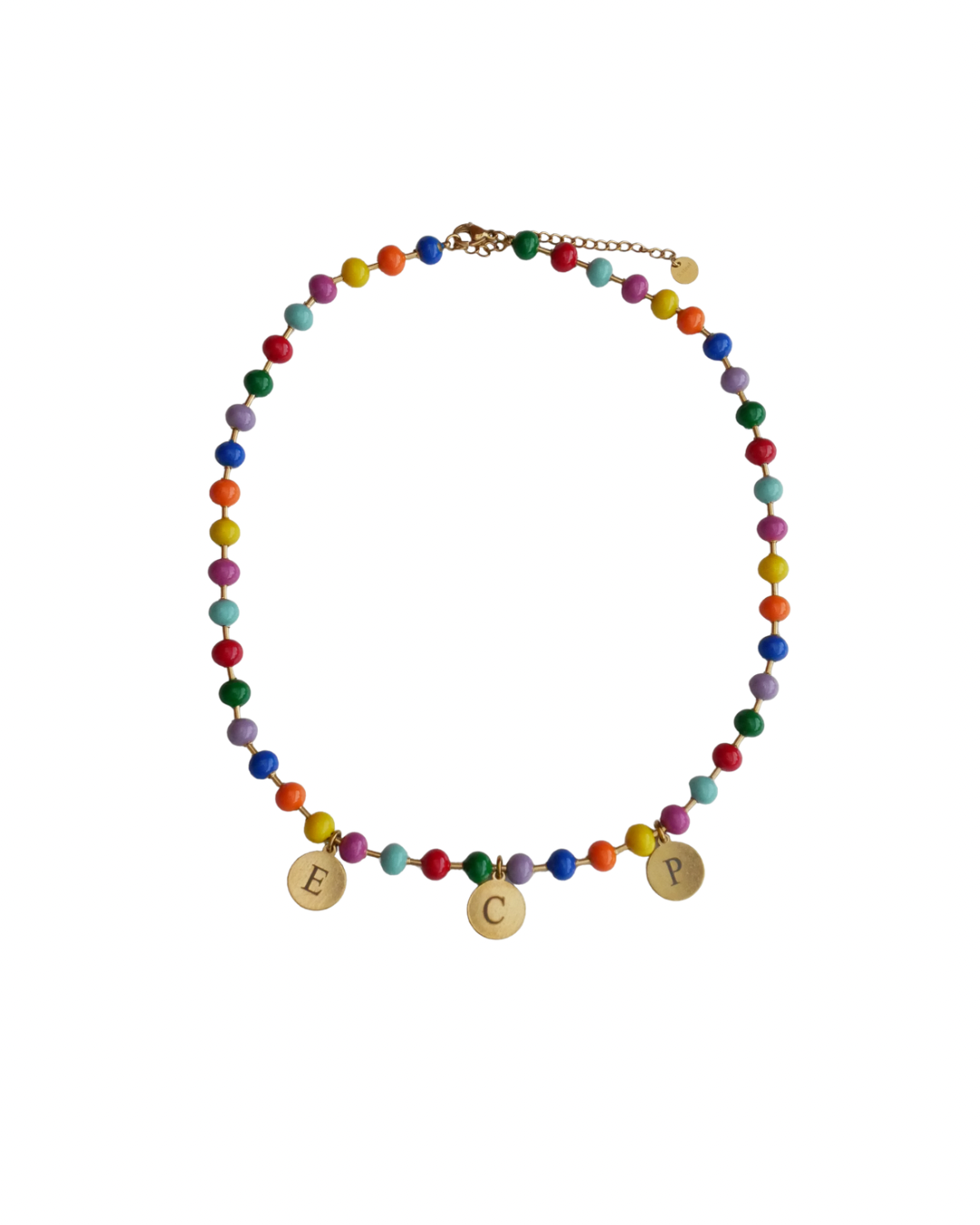Collar de bolas multicolor con chapitas personalizables grabadas