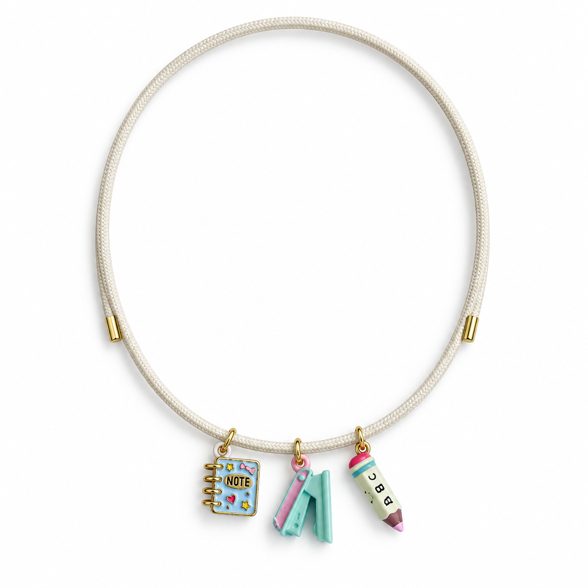 Cordón magnético blanco con charms de cuaderno, grapadora y lápiz — Ayutthaya&me