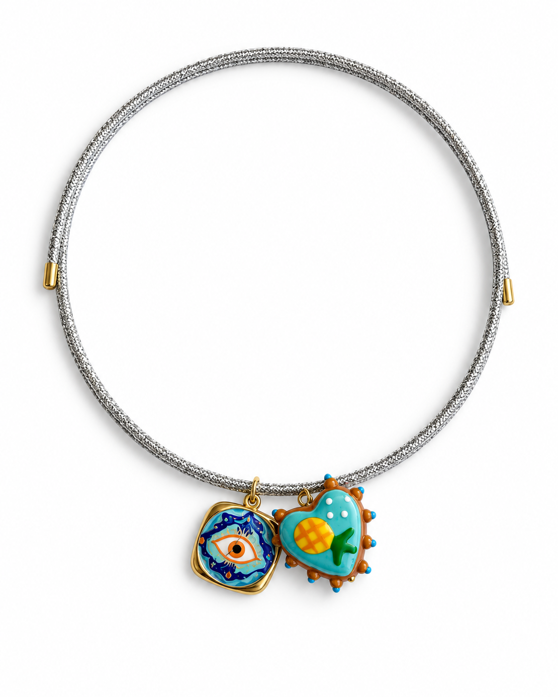 Cordón magnético plateado con charm de ojo turco y corazón de cristal con piña — Ayutthaya&me