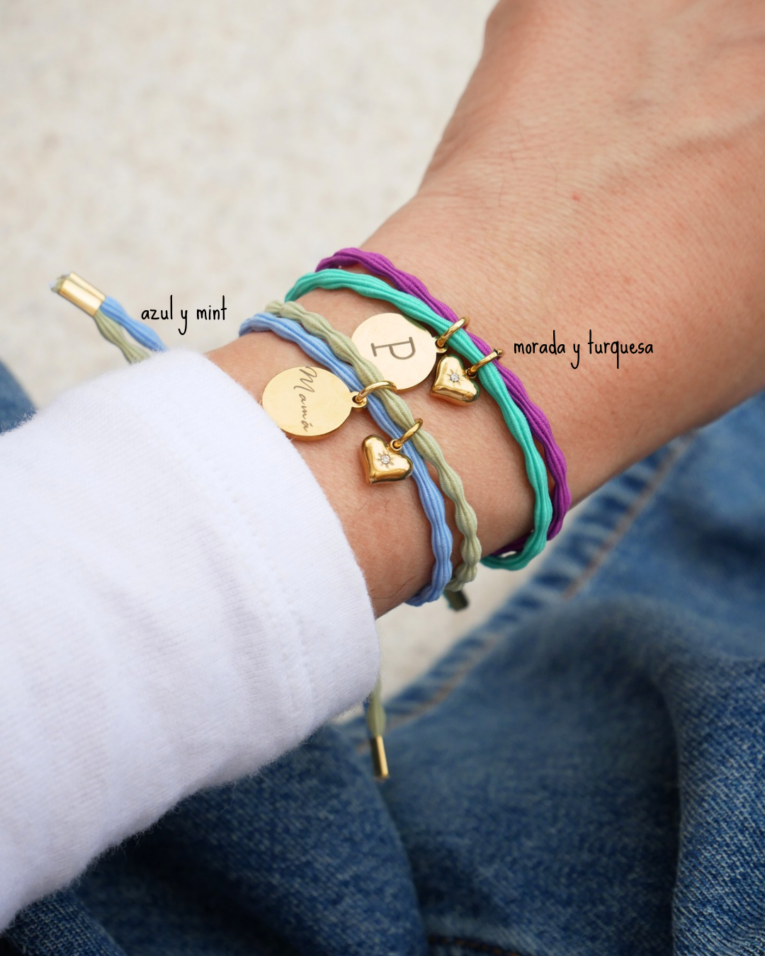  Pulseras de corazón personalizables apiladas en colores