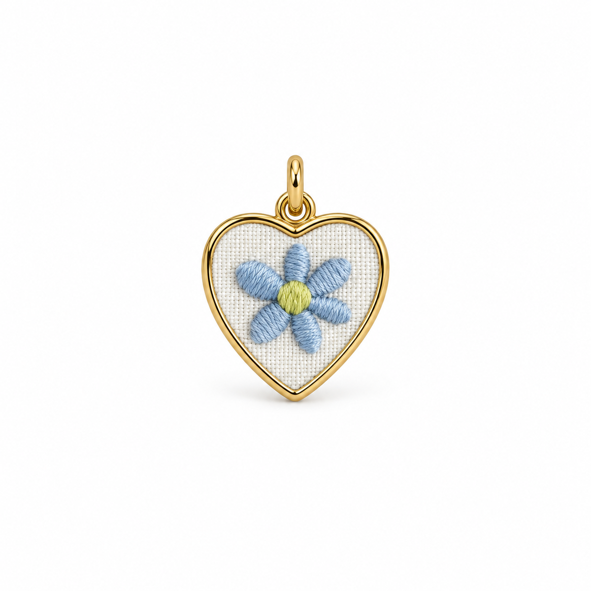 Charm corazón con flor azul bordada y marco dorado — Ayutthaya&me
