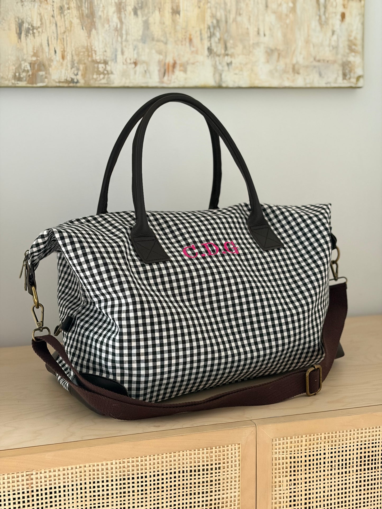 BOLSO VIAJE WEEKENDER VICHY NEGRO (asas piel)