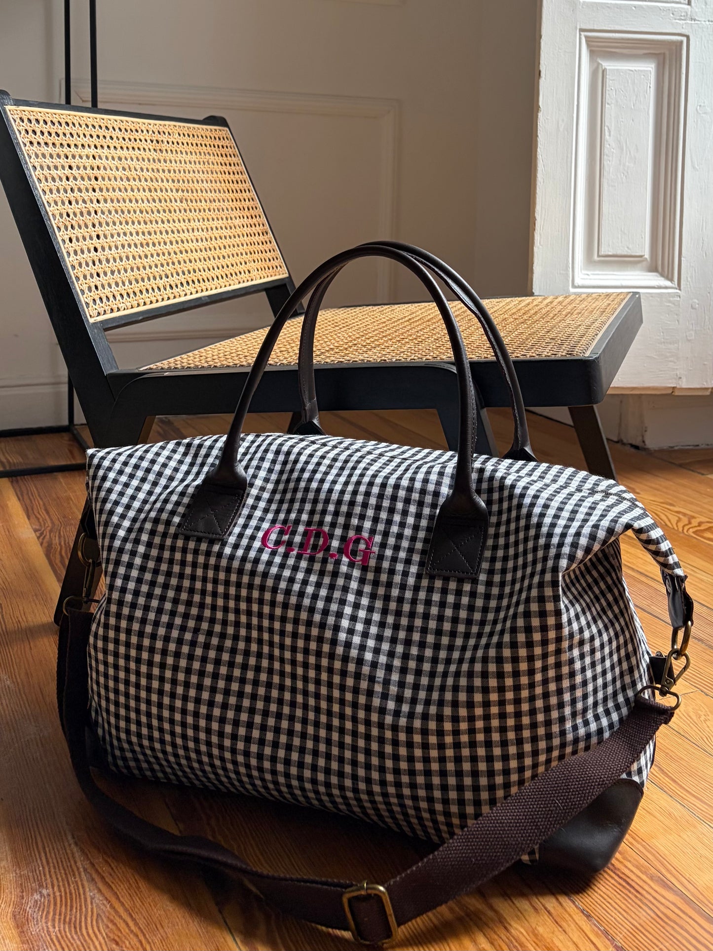 BOLSO VIAJE WEEKENDER VICHY NEGRO (asas piel)