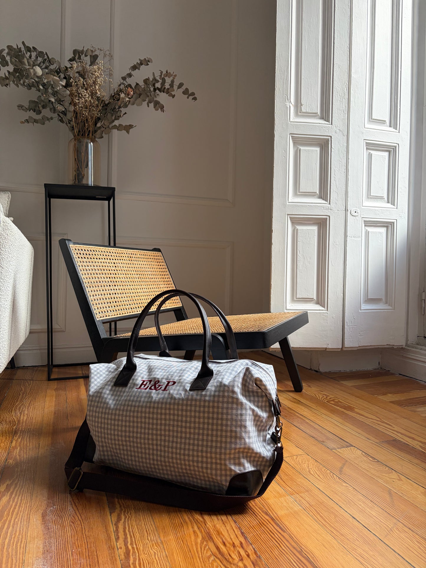 BOLSO VIAJE WEEKENDER VICHY GRIS (asas piel)